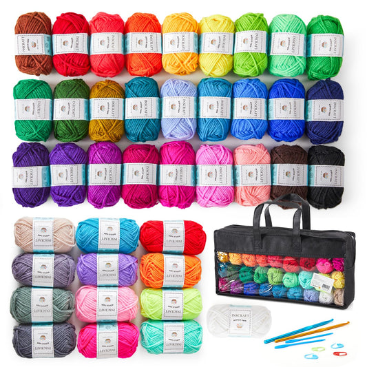 Inscraft 48 PCS Crochet Yarn Kit, 1400 Yards 40 Colors Acrylic Yarn Skeins, 2 Crochet Hooks, 2 Weaving Needles, 4 Stitch Markers, 1 Bag, for Crocheting & Knitting, Gift for Beginners and Adults