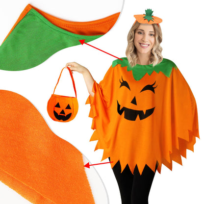 HEYFIZZ 3 PCS Pumpkin Costume for Women,Halloween Pumpkin Poncho for Adults,Halloween Costume for Women with Accessories