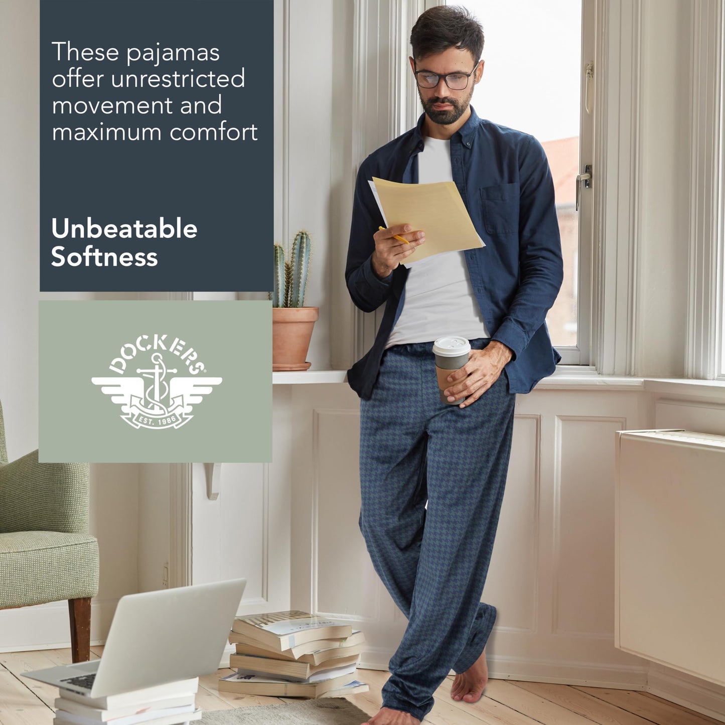 DOCKERS Fleece Pajama Pants for Men, 2 Pack Lounge Sleepwear PJs with Pockets