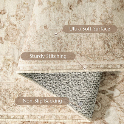 jinchan Washable Area Rug 3x5 Entryway Rug - Distressed Spring Floral Low-Pile Soft Non Slip Indoor Floor Carpet for Kitchen Bedroom Entrance Laundry Living Room(3x5ft,Tan)