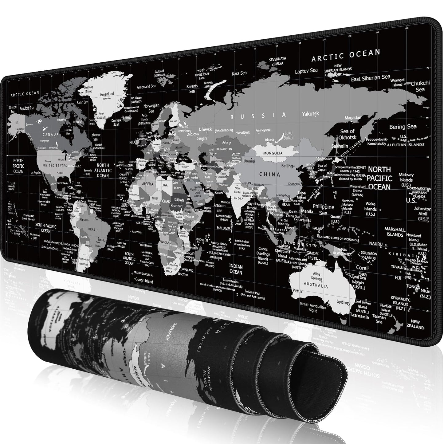 KMLVILE World Map Gaming Mouse Pad Large,XL Desk Pad Computer Game Desk Mat for Keyboard and Mouse with Non-Slip Base,Stitched Edges,Waterproof Mousepad for Gamer,Office &Home(Black,31.5" x 11.8")