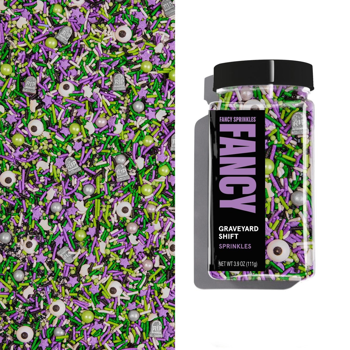 Fancy Sprinkles Limited Edition Halloween Graveyard Shift Purple and Green Crunchy Sprinkles, Plus Candy Eyeballs, Ghostly Confetti, and Eerie Tombstone Shapes (0.5c)