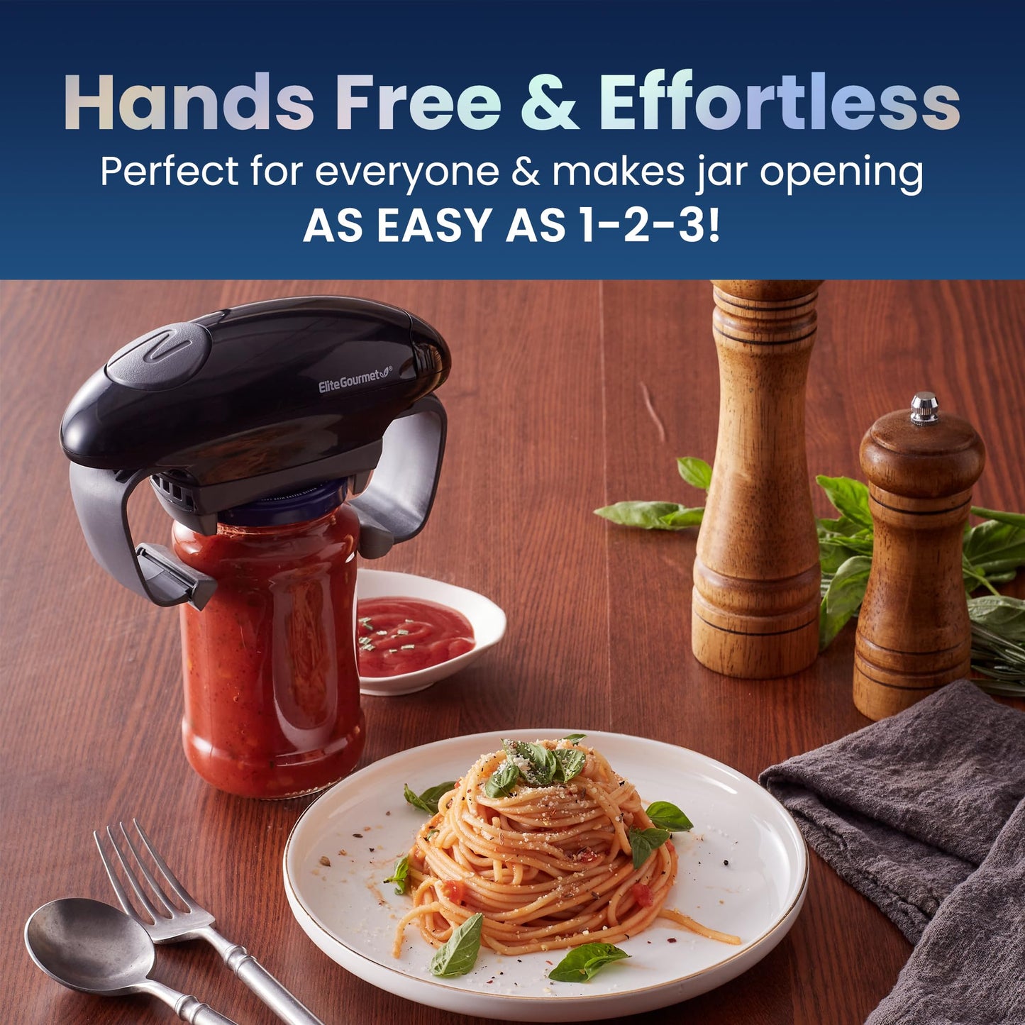 Elite Gourmet EJO800 High Power Torque Automatic Battery Operated Electric Jar Opener, One-Touch Electric Operation, Easily Remove Most-Size Lids with Auto-Size Guides, Black/Gray