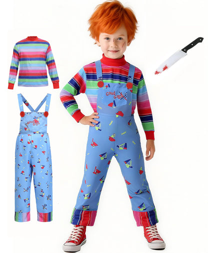KUGVDI Halloween Chucky Costume for Kids Adult Good Guys Doll Child’s Play Cosplay Jumpsuit Includes Tattoo Scars and Prop Knife（M）