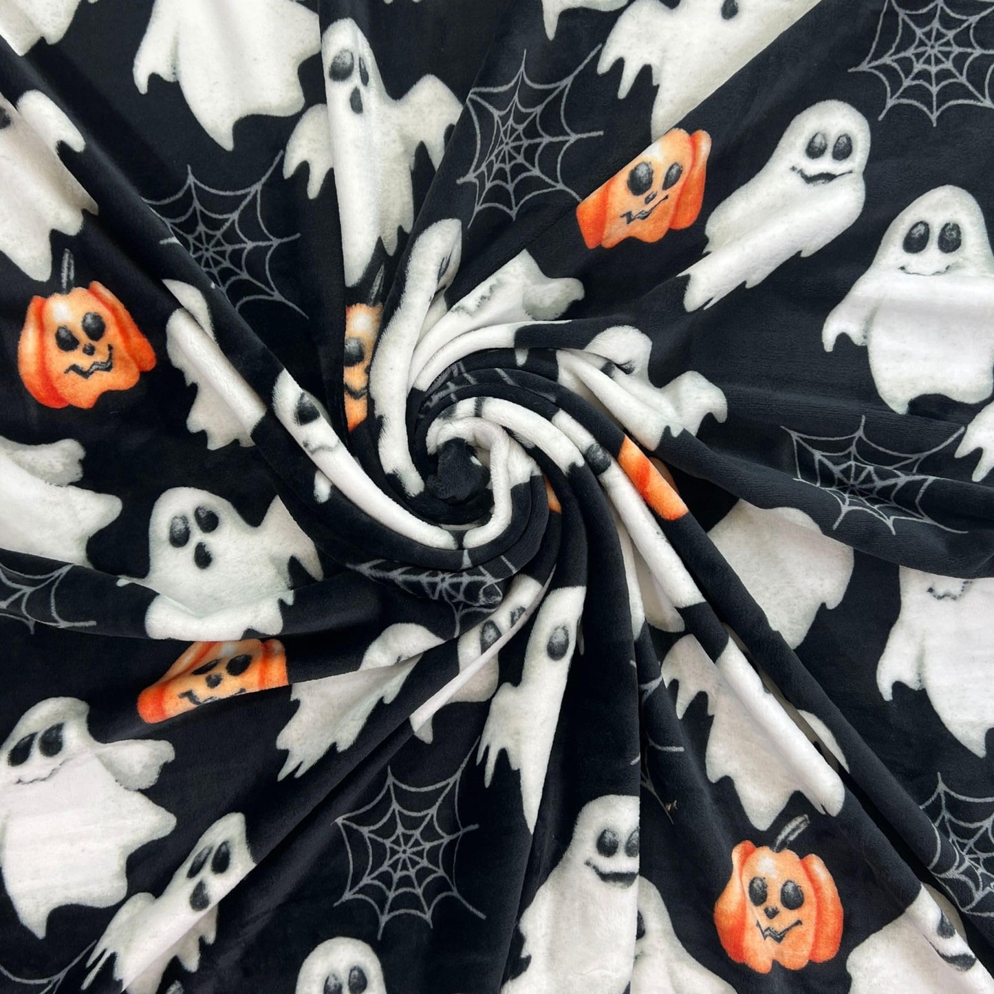 Halloween Throw Blanket: Jack O Lantern Pumpkins White Ghosts and Spiderwebs on Soft Black Velvet Fleece for Sofa, Couch, Chairs and Bed