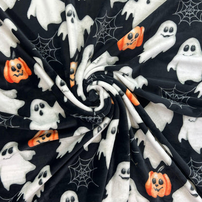 Halloween Throw Blanket: Jack O Lantern Pumpkins White Ghosts and Spiderwebs on Soft Black Velvet Fleece for Sofa, Couch, Chairs and Bed