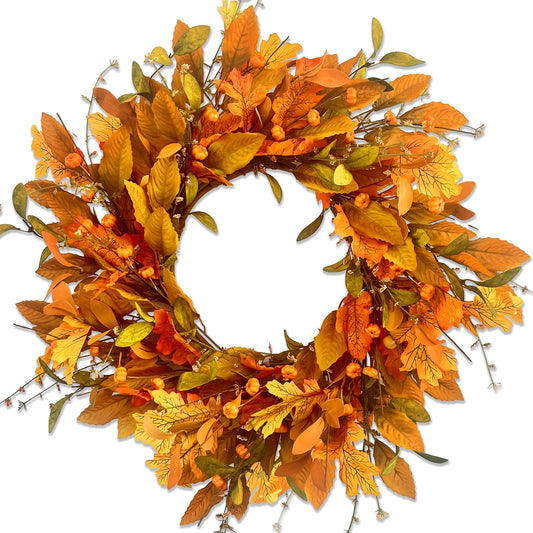 Consevisen Fall Wreaths for Front Door, 22 inch Autumn Wreath with Fallen Leaves Oak Leaves Small Pumpkin, Fall Door Wreath for Thanksgiving Halloween Farmhouse Indoor Outdoor Decor Outside