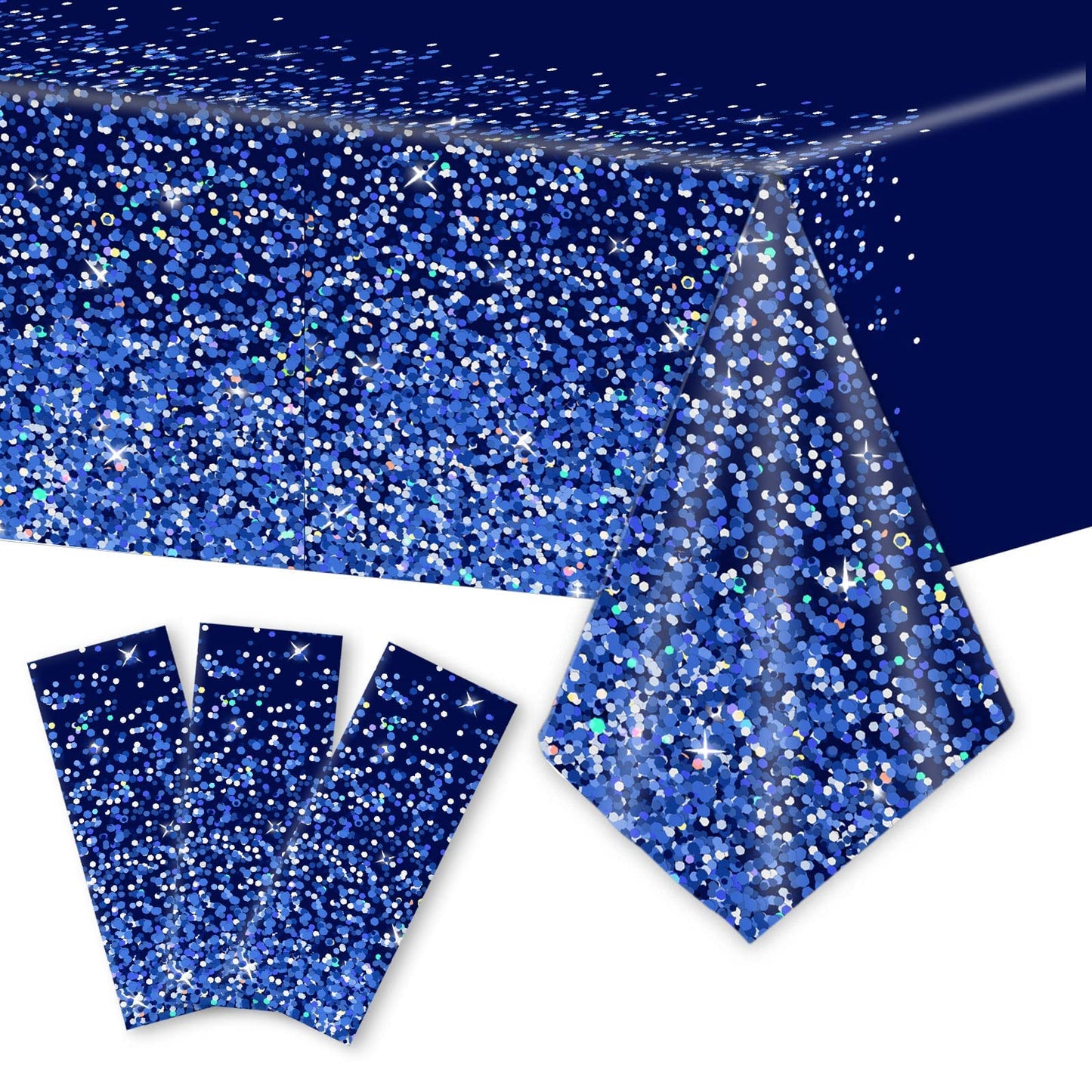 3pcs Blue Silver Tablecloths Denim and Diamonds Party Decorations Navy Blue and Silver Tablecloth Disposable Plastic Royal Blue Confetti Rectangle Table Cover for Birthday Wedding Party Decor Supplies