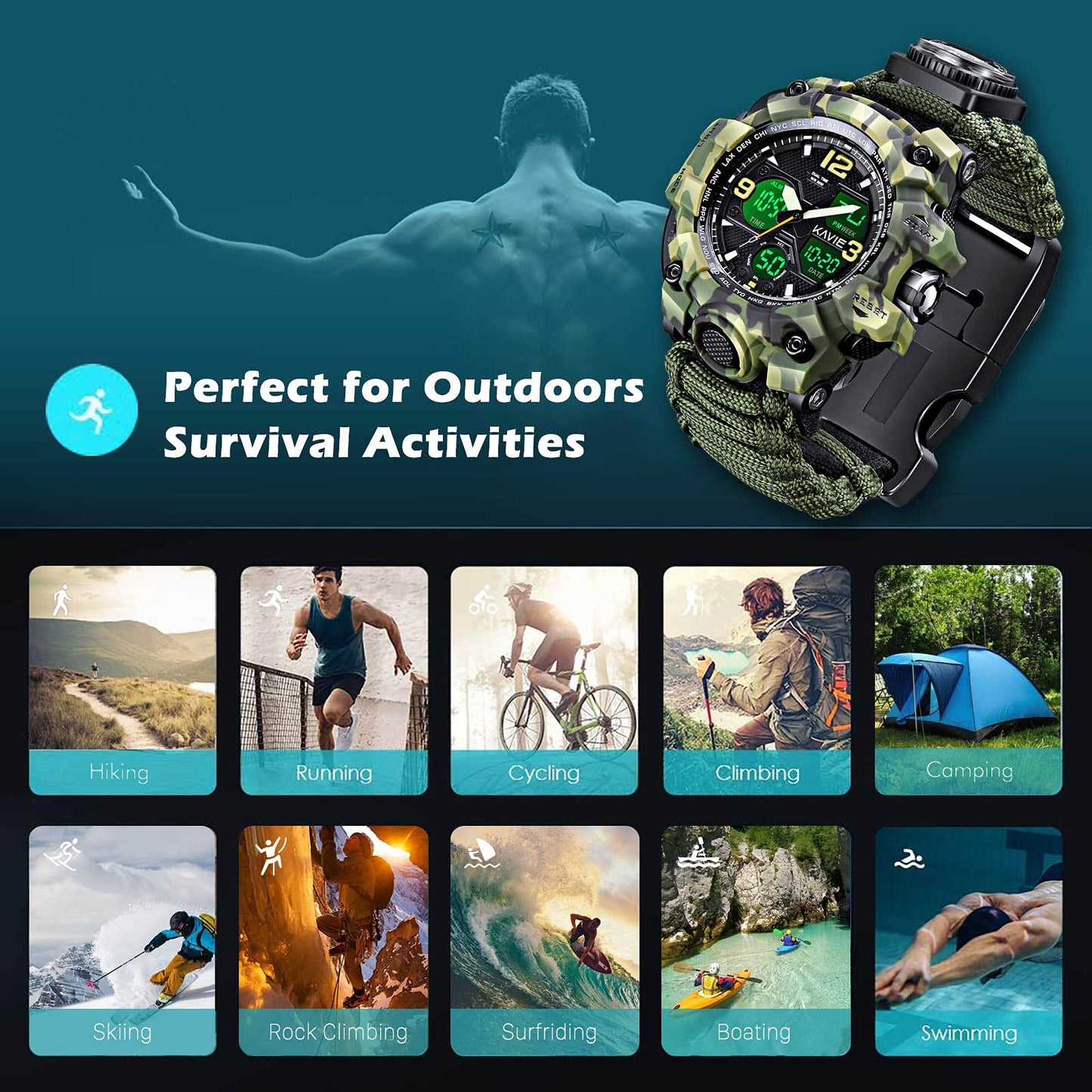 Kavie Mens Tactical Military Digital Watch, 23-in-1 Survival Multi-Functional Army Outdoors Waterproof Camouflage Sports Watches LED Electronic Wristwatches with Compass Paracord Band