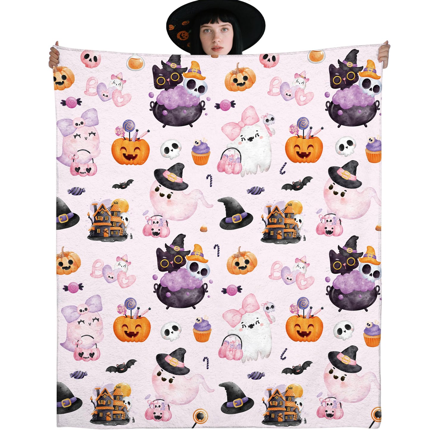 Halloween Throw Blanket Gifts, Pink Pastel Cute Ghost Pumpkin Witch Hat Soft Cozy Comfy 50 x 60 Flannel Blanket, Gift for Girls Kids Friends or Halloween Lovers