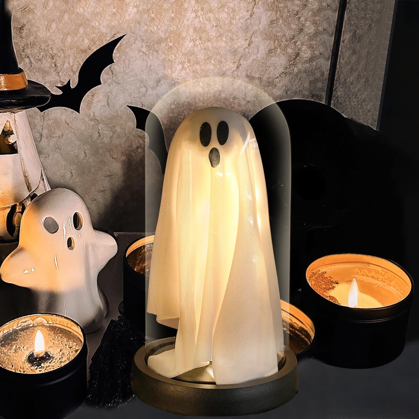 Halloween Decor-Halloween Decorations Indoor-Light Up Ghost in Glass Cloche-Cute Ghost with Light for Home Kitchen Mantel Tabletop Party Decor and Holiday Decorations