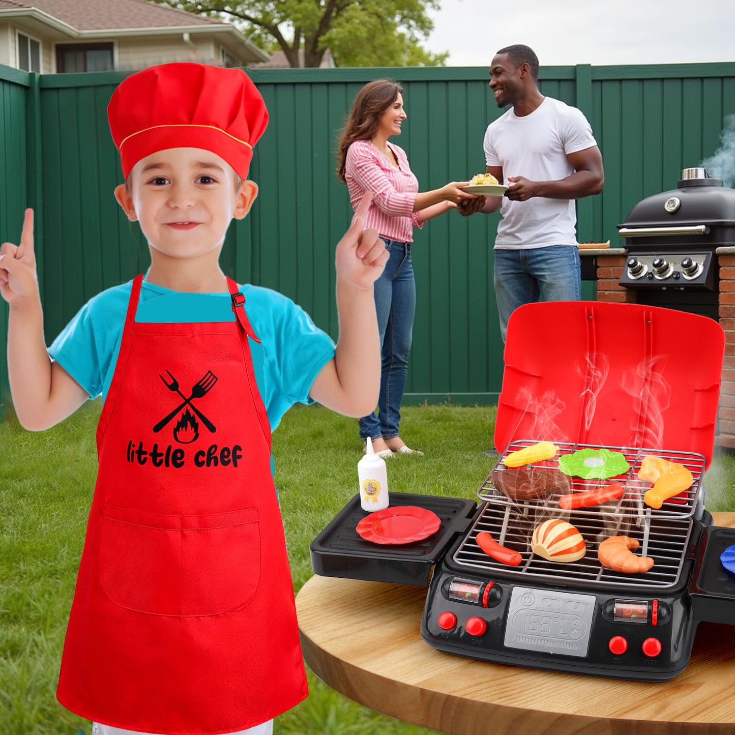 Kids Grill Playset Kitchen Toys with Apron Hat for Cooking Food Smoke Light Outdoor Pretend Play Accessories BBQ Outside Camping Barbecue Toddler Boy Toy 2 3 4 5 Year Old 4-8 Birthday Gift Valentine