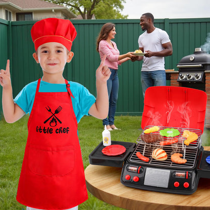 Kids Grill Playset Kitchen Toys with Apron Hat for Cooking Food Smoke Light Outdoor Pretend Play Accessories BBQ Outside Camping Barbecue Toddler Boy Toy 2 3 4 5 Year Old 4-8 Birthday Gift Valentine