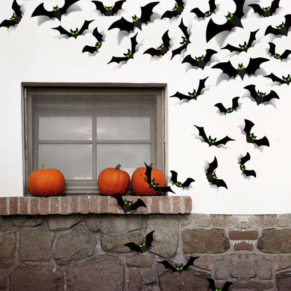 Halloween Decorations - 56 Pcs Spooky 3D Bats With Glow Eyes for Indoor Outdoor Party Decor - Plastic Scary Gothic Stickers for Bathroom Kitchen Home Room Wall