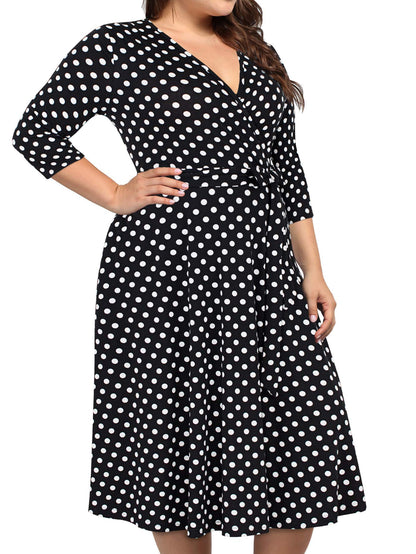 kissmay Plus Size Polka Dot Dress for Women, Plus Size 3/4 Sleeves Fall Halloween Dresses for Women 2025 Wedding Guest Evening Holiday Black Dot 18W