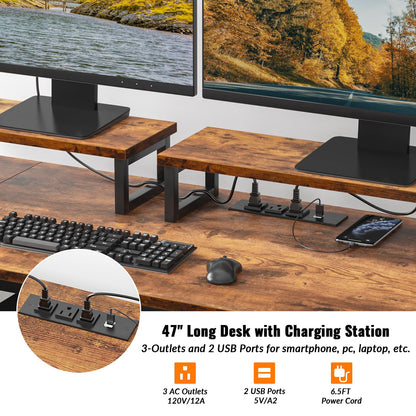 Furologee 47" Computer Desk with File Cabinet and Power Outlets, Home Office Desk with 2 Monitor Stands and Storage Drawer, Writing Gaming Table with Shelves and 2 Hooks for Bedroom, Rustic Brown