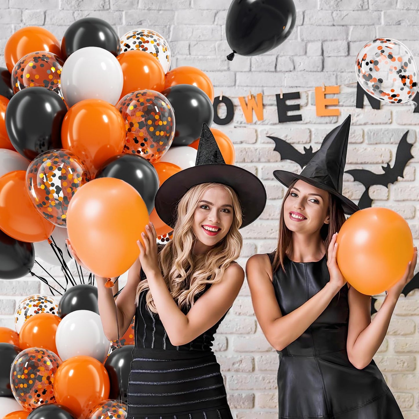 60pcs Orange and Black White Halloween Balloons, 12inch Black Orange White Latex Confetti Balloons for Ghost Halloween Birthday Party Decorations