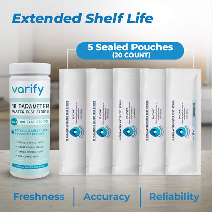 Varify 17in1 Complete Drinking Water Test Kit - 100 Strips + 2 Bacteria Tester Kits - Well, Tap, Home, City Water Testing Strip for Lead, Alkaline, Chlorine, Hardness, Iron, Fluoride, Copper & More