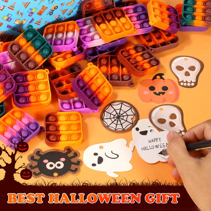 64Pack Halloween Mini Pop Fidget Toys Pack with Cartoon Letter Party Favors, Silicone Squeeze Pop Bubble Fidget Bulk Sensory Toys, Pop Keychain Bubble Toy Party Bag Fillers for Kids