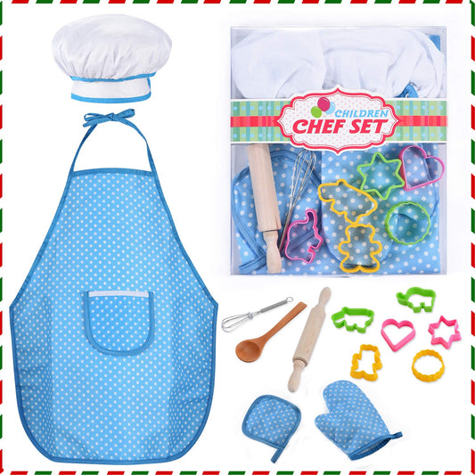 HmiL-U Chef Set for Kids - 13 Pcs Kid Cooking and Baking Set Includes Kids Apron, Chef Hat, Utensils, Cooking Mitt, Gift for 3 Year Old Girls and up(Blue)