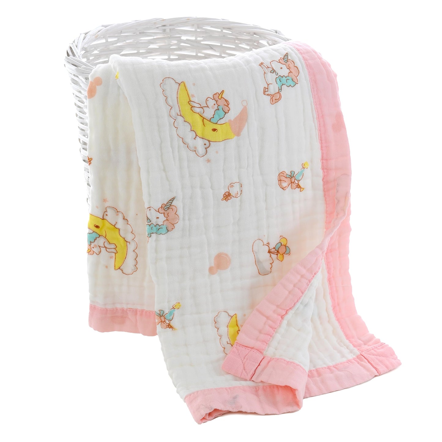 Jay & Ava Soft Cotton Muslin Blanket, 42' x 42', 4 Layers Bed Throw for Toddler, Large Baby Receiving Blanket - Pink Moon Unicorn