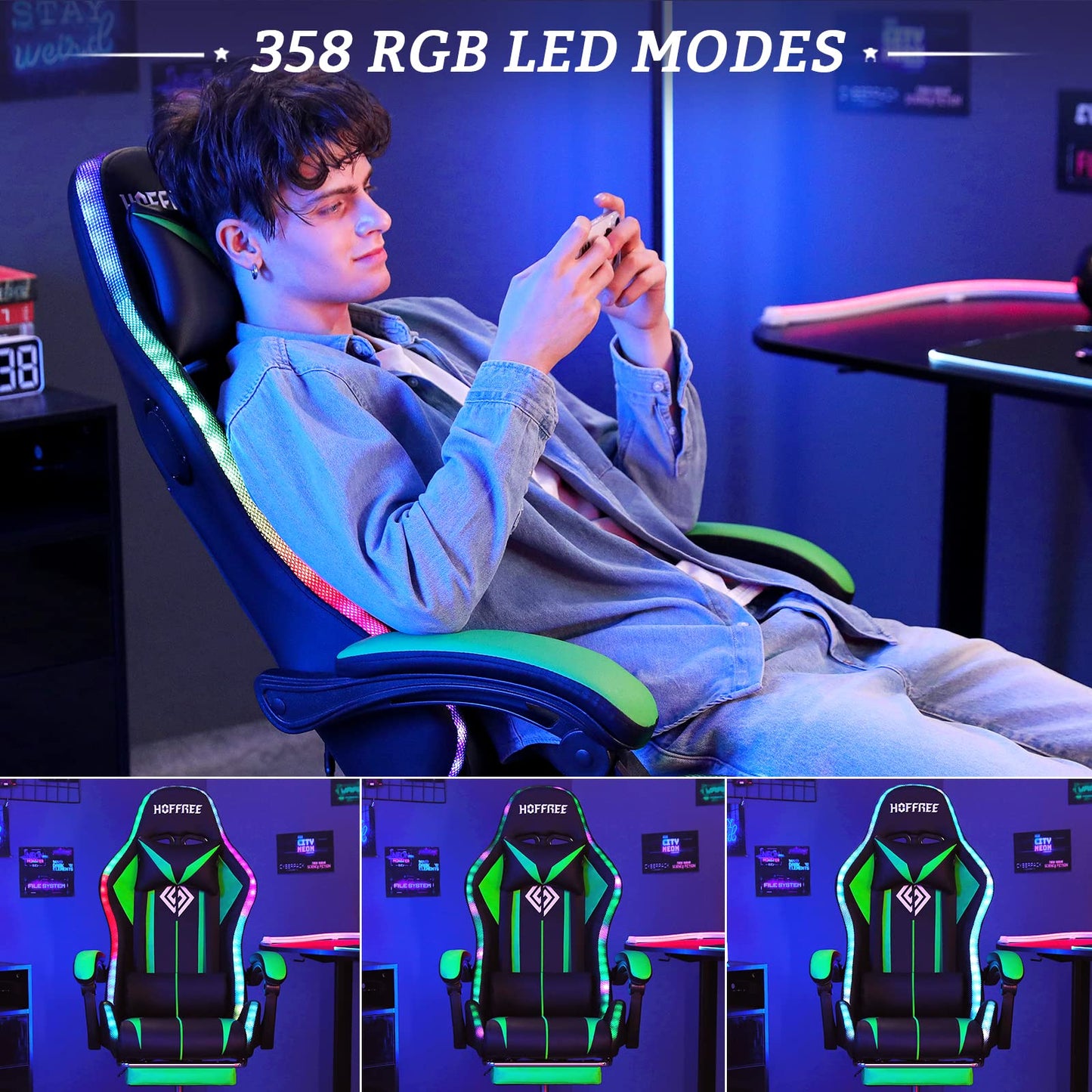 Gaming Chair Massage with Bluetooth Speakers and Lights Ergonomic Computer Game Chair with Footrest LED RGB Lights High Back Music Video Game Chair with Lumbar Support Green and Black