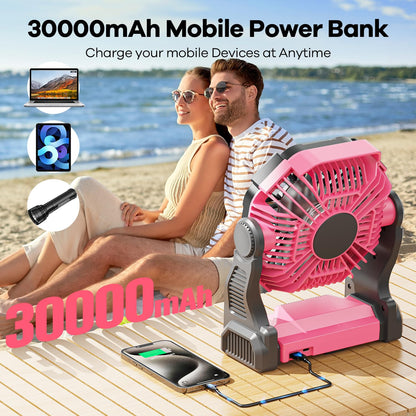 30000mAh Solar Fan with LED Lantern, 10W Solar Panel Rechargeable Battery Powered Camping Fan for Outside, 9 Inch Portable Battery Operated Hurricane Supplies for Picnic, Barbecue, Fishing, Travel
