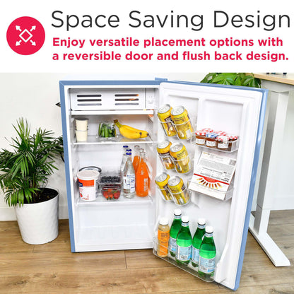 Frigidaire Retro Compact Fridge with Chiller, 3.2 cu ft Countertop Fridge with Built-In Bottle Opener, Compact Refrigerator for Office, Bedroom, Dorm Room or Cabin - 16.5" D x 19" W x 31" H (Blue)