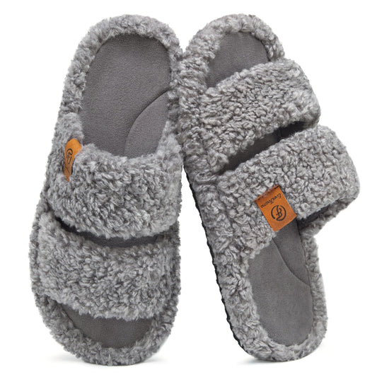 EverFoams Womens Fuzzy Open-toe Slippers Soft Comfy Memory Foam Indoor House Shoes Cool Gray,7-8 US