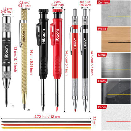 Hiboom 10 Pack Mechanical Carpenter Pencils Set with Sharpener & 36PCs 2.8mm Refills, Deep Hole Marker Pen, Automatic Center Punch, Carbide Scribe Tool, Heavy Duty Construction Pencil for Architect