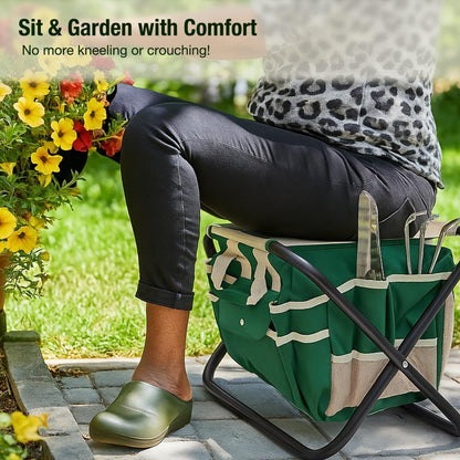 GardenHOME 7-Piece Gardening Tool Set – Stainless Steel Hand Tools with Wooden Handles, Folding Stool, and Canvas Tote Bag, Yard Maintenance Kit for Gardeners, Women, and Beginners