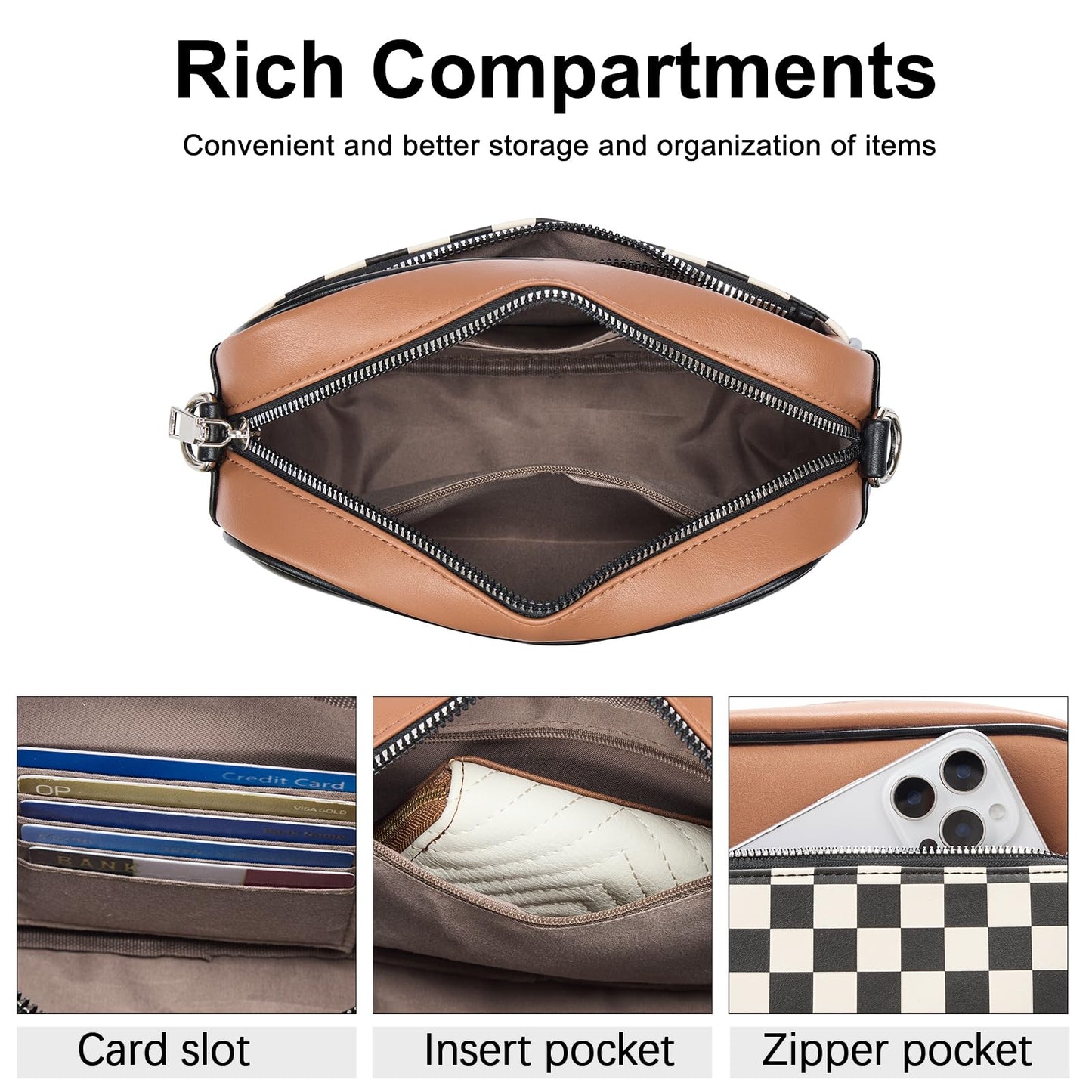 CLUCI Checkered Crossbody Bag for Women,Vegan Leather Shoulder Handbags,Purses for Women with Adjustable Wide Strap