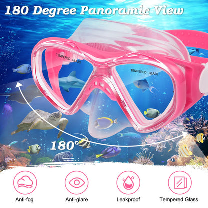 Kids Snorkel Set Dry Top Snorkeling Gear for Kids Youth Boys Girls Junior Age 5-15,Tempered Glass Swimming Diving Mask and Snorkel Set 180 Degree Panoramic View (Light Pink)