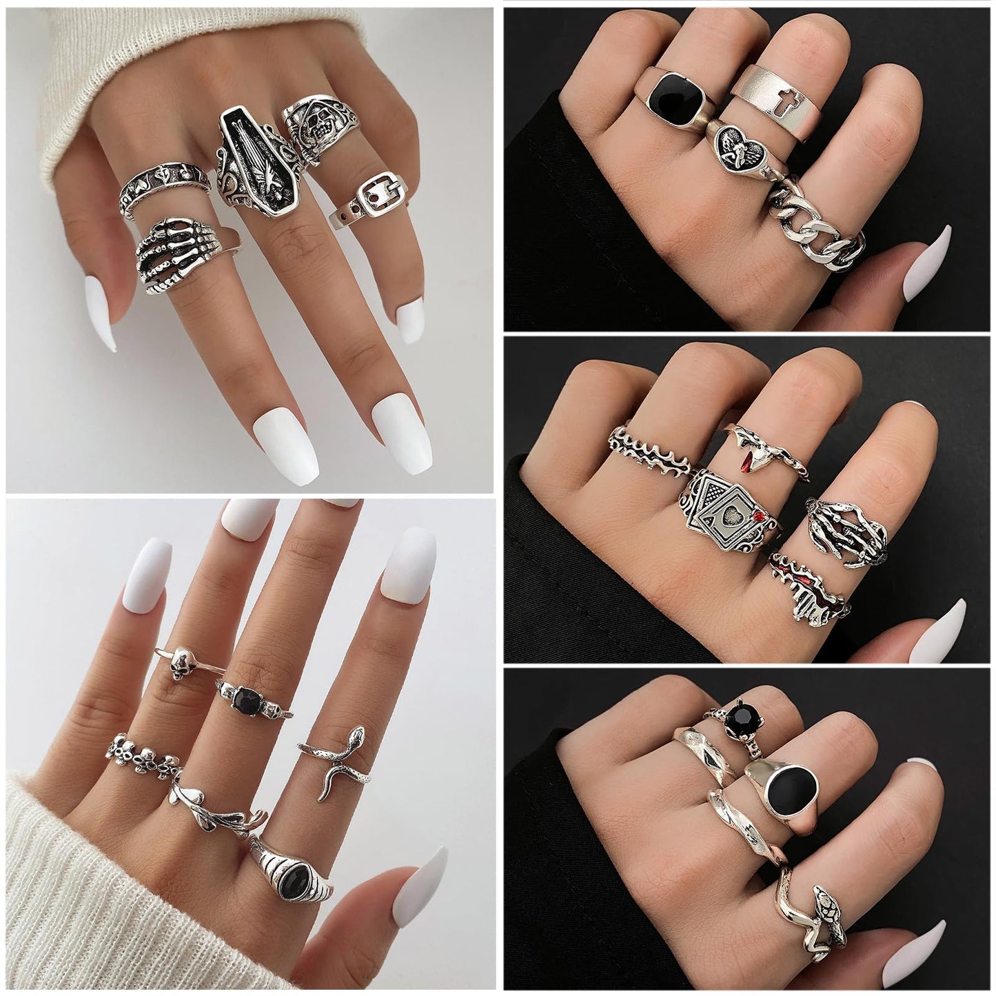 IFKM 25PCS Vintage Silver Knuckle Rings Set for Women, Stackable Joint Finger Statement Rings Bohemian Retro Hollow Carved Midi, Boho Halloween Skeleton Skull Snake Heart Chunky Stacking Pack (Halloween Skull)