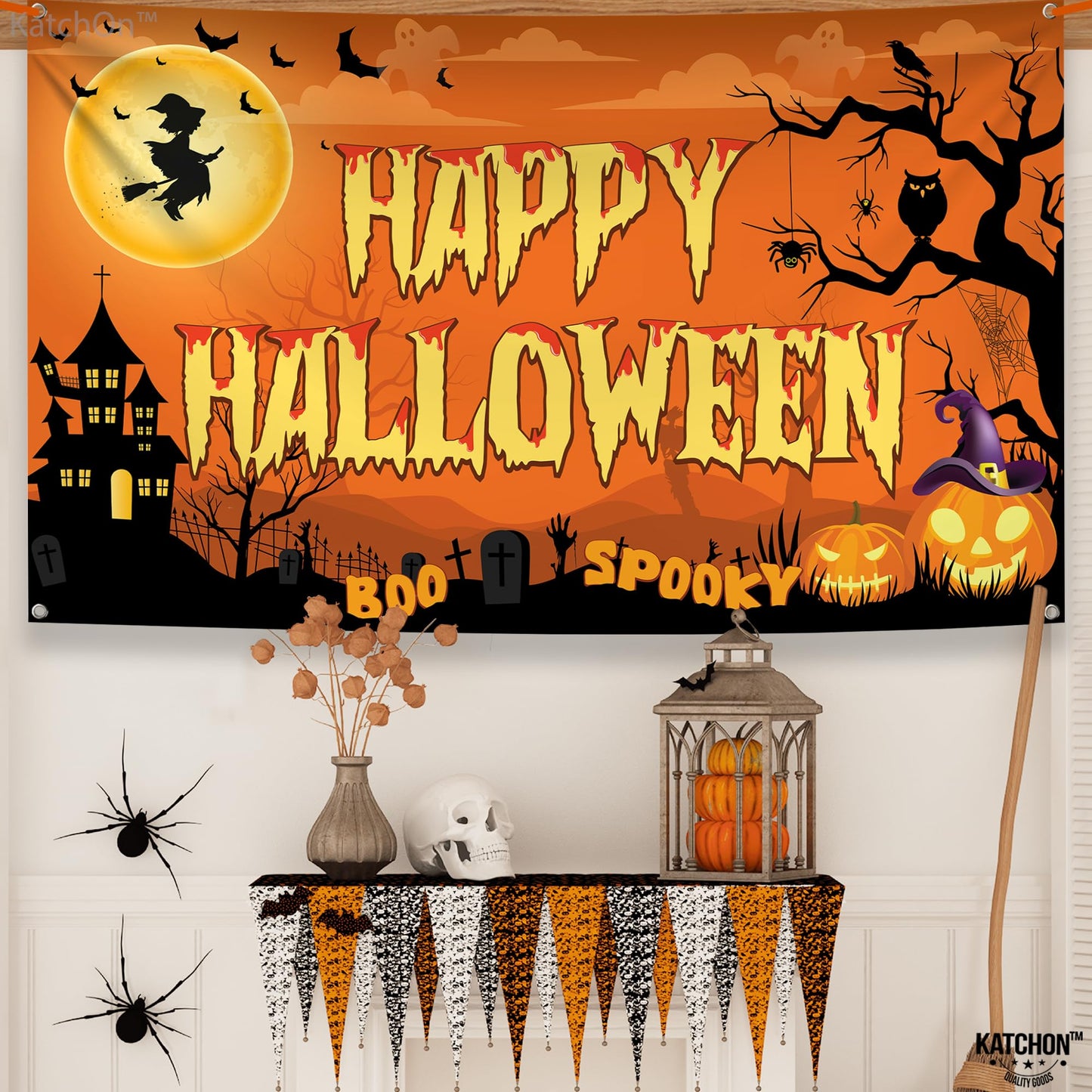 KatchOn Spooky Happy Halloween Banner - XtraLarge, 72x44 Inch | Orange Halloween Photo Backdrop for Decorations & Photography