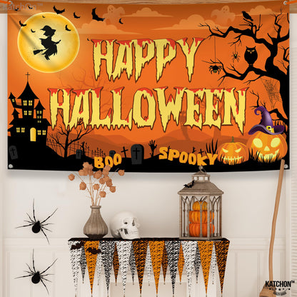 KatchOn Spooky Happy Halloween Banner - XtraLarge, 72x44 Inch | Orange Halloween Photo Backdrop for Decorations & Photography