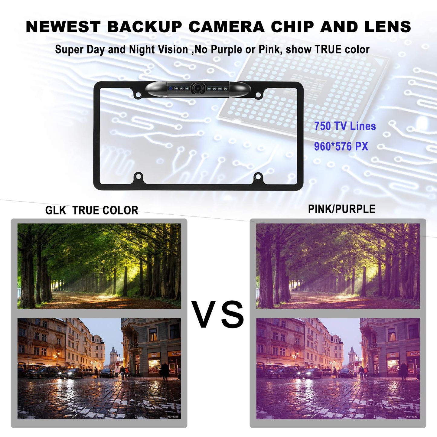 GLK License Plate Backup Camera HD Front Rear View Reverse Camera with 7 LED Night Vision 170 Degree Viewing Angle, Waterproof, for Cars