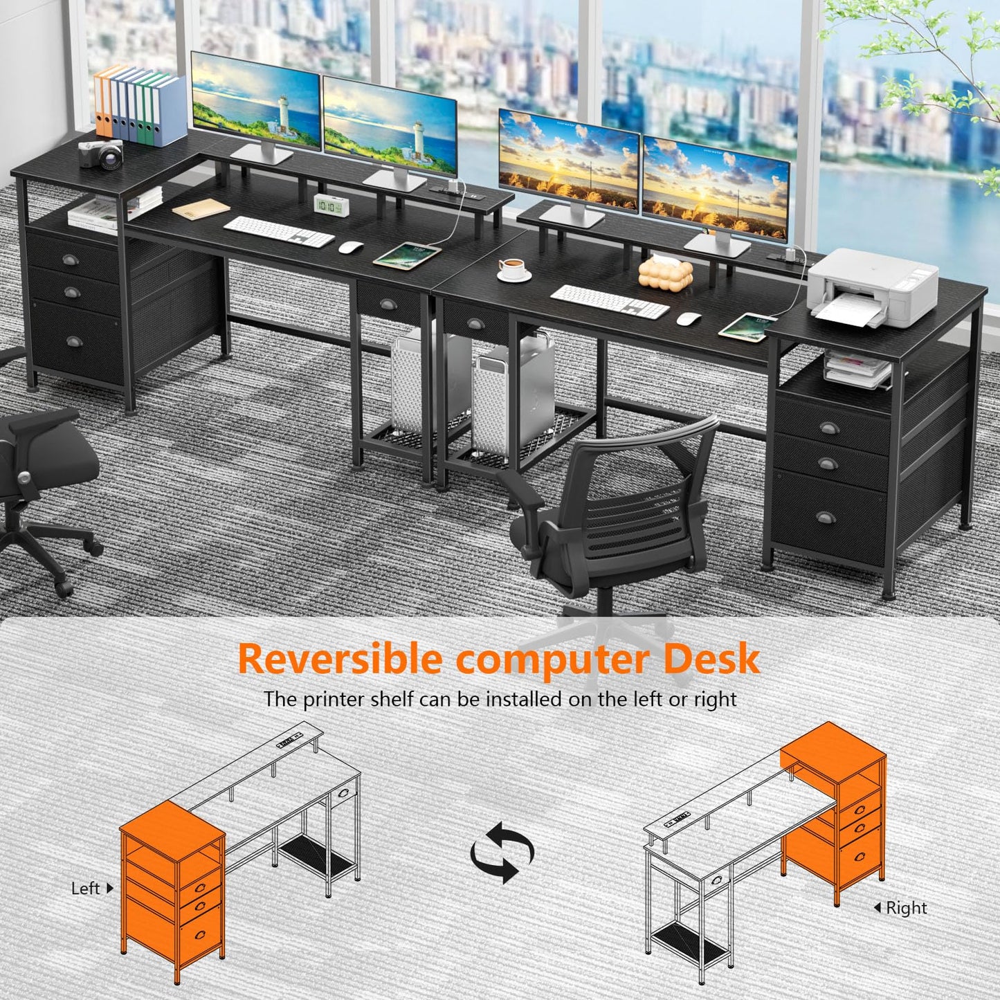 Furologee Black Computer Desk with 4 Drawers, 60" Long Office Desk with Fabric File Cabinet and Power Outlets, Gaming Desk with LED Lights, Study Writing Work Desk for Home Office