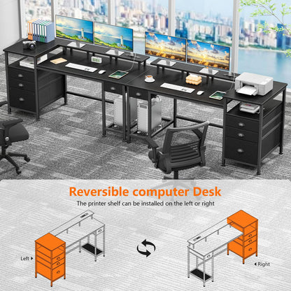 Furologee Black Computer Desk with 4 Drawers, 60" Long Office Desk with Fabric File Cabinet and Power Outlets, Gaming Desk with LED Lights, Study Writing Work Desk for Home Office