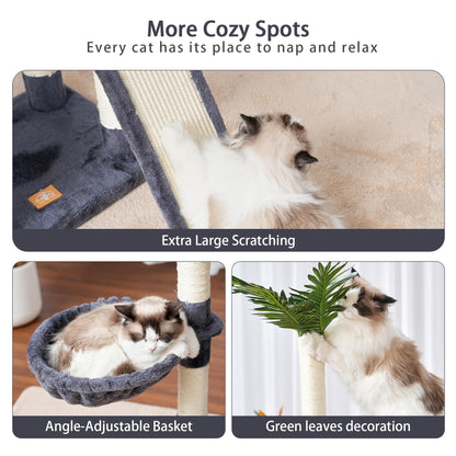 Heybly Cat Tree,Cat Tower for Indoor Cats, 65.4 inches Cat Condo with Perches, Basket, Feeding Bowl Station, Multi-Level Plush Furniture with Scratching Posts, Smoky Gray HCT015G