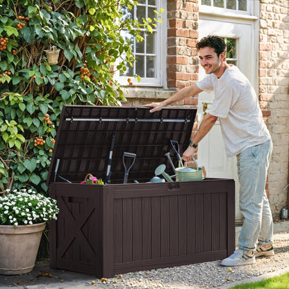 Greesum 120 Gallon Deck Box, Resin Outdoor Storage Container for Patio Furniture, Garden Tools, Pool Accessories, Weatherproof, Lockable, Brown