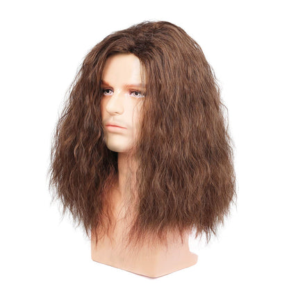 Kaneles Mens Long Brown Wig Mid Length Synthetic Hair for Male Halloween Cosplay 80s Costume Wig