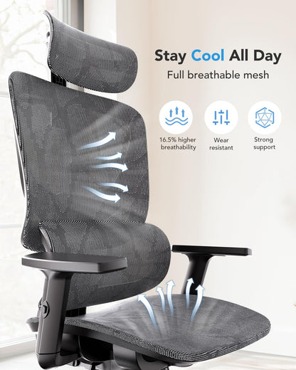 HUANUO Ergonomic Mesh Office Chair with 5-Level Lumbar Support, Computer Chair with Adjustable Headrest & Armrests, Rocking Tilt, Comfortable High Back Desk Chair for Home Office or Gaming