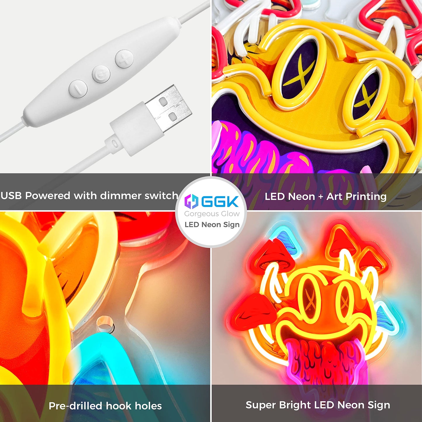 GGK Smiling with Mushrooms Neon Sign Unique Mushroom Decor Aesthetic Room Decor Trippy Mushrooms Light for Halloween Parties, Bedroom Wall, Bar, Game Room, Man Cave