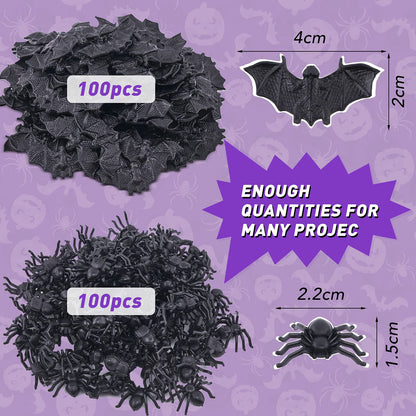 WHXGQ 200 Pcs Plastic Bats Spiders Halloween Mini Bats and Fake Spiders for Decorations Creepy Scary Prank Toys Plastic Insec Toys Halloween Miniatures