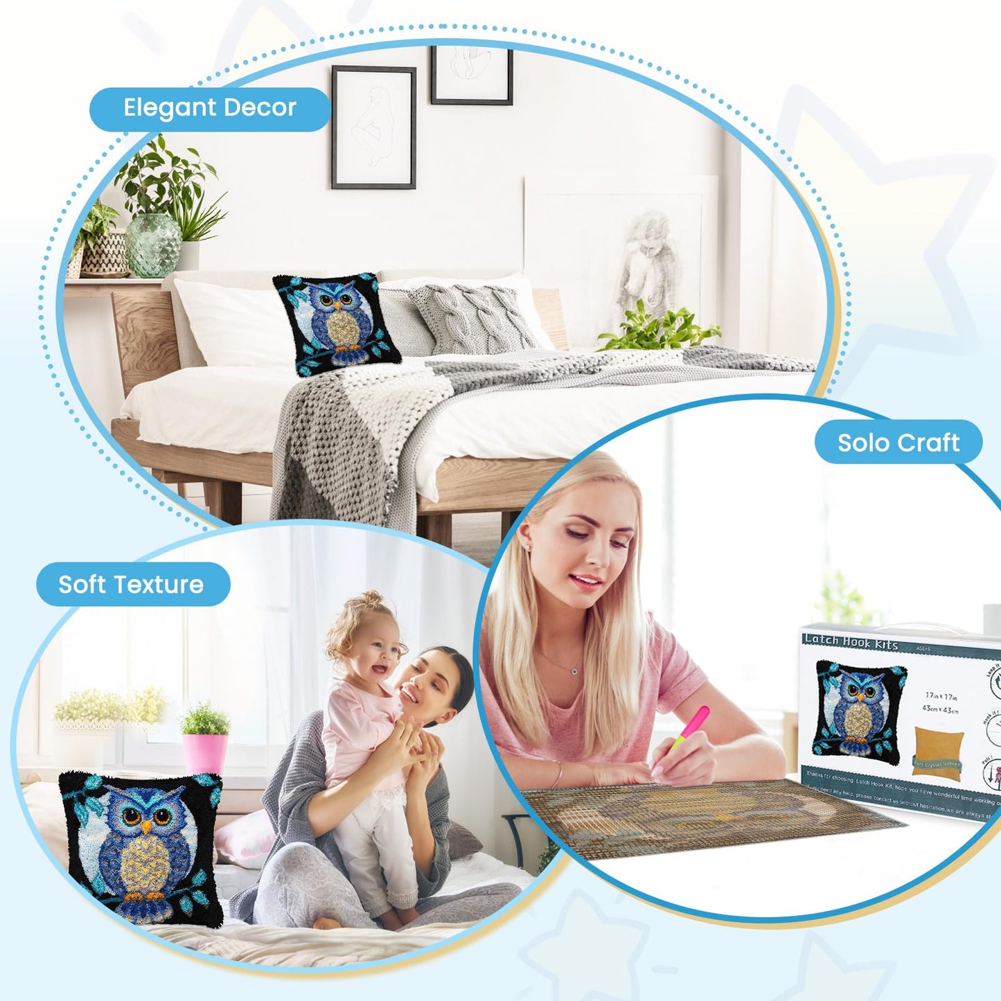 EsLuker.ly Full Moon Owl Latch Hook Pillow Kit for Adults Beginners, DIY Throw Pillow Cushion Cover Making Set with Pre-Printed Canvas & Crochet Yarn, Creative Latch Hook Craft Kits for Home Decor