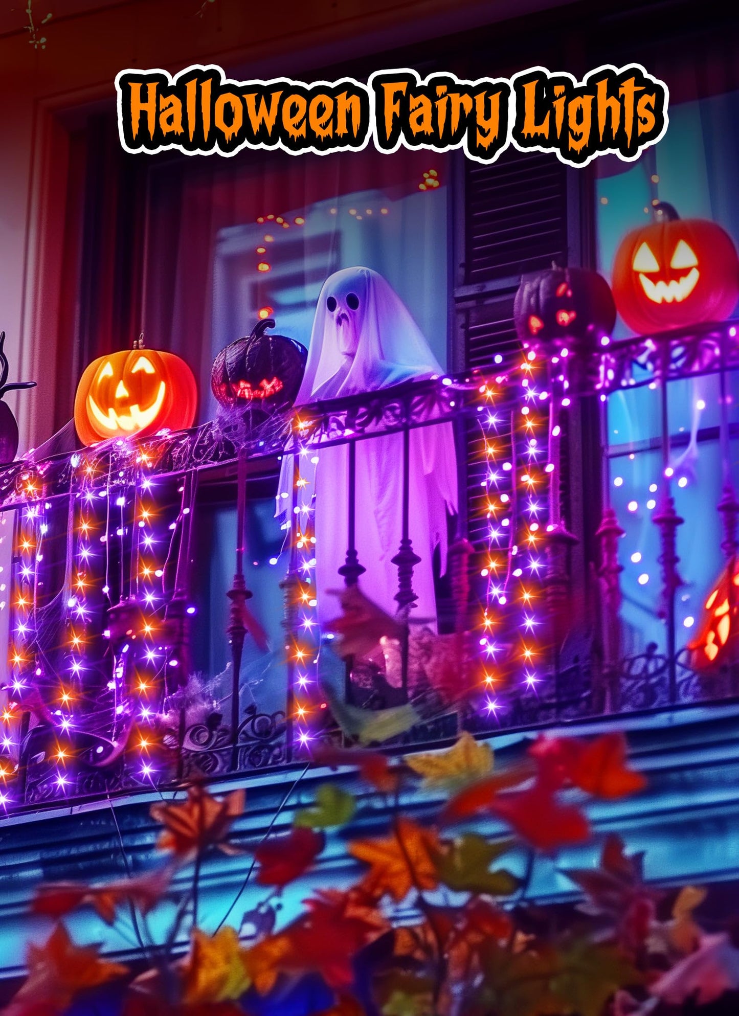 Halloween Fairy Lights, 33Ft 100 LED Battery Operated Fairy Lights, Waterproof Copper Wire Mason Jar Lights for Home Party Ghost Haunted House Indoor Outdoor Halloween Decorations, Orange & Purple