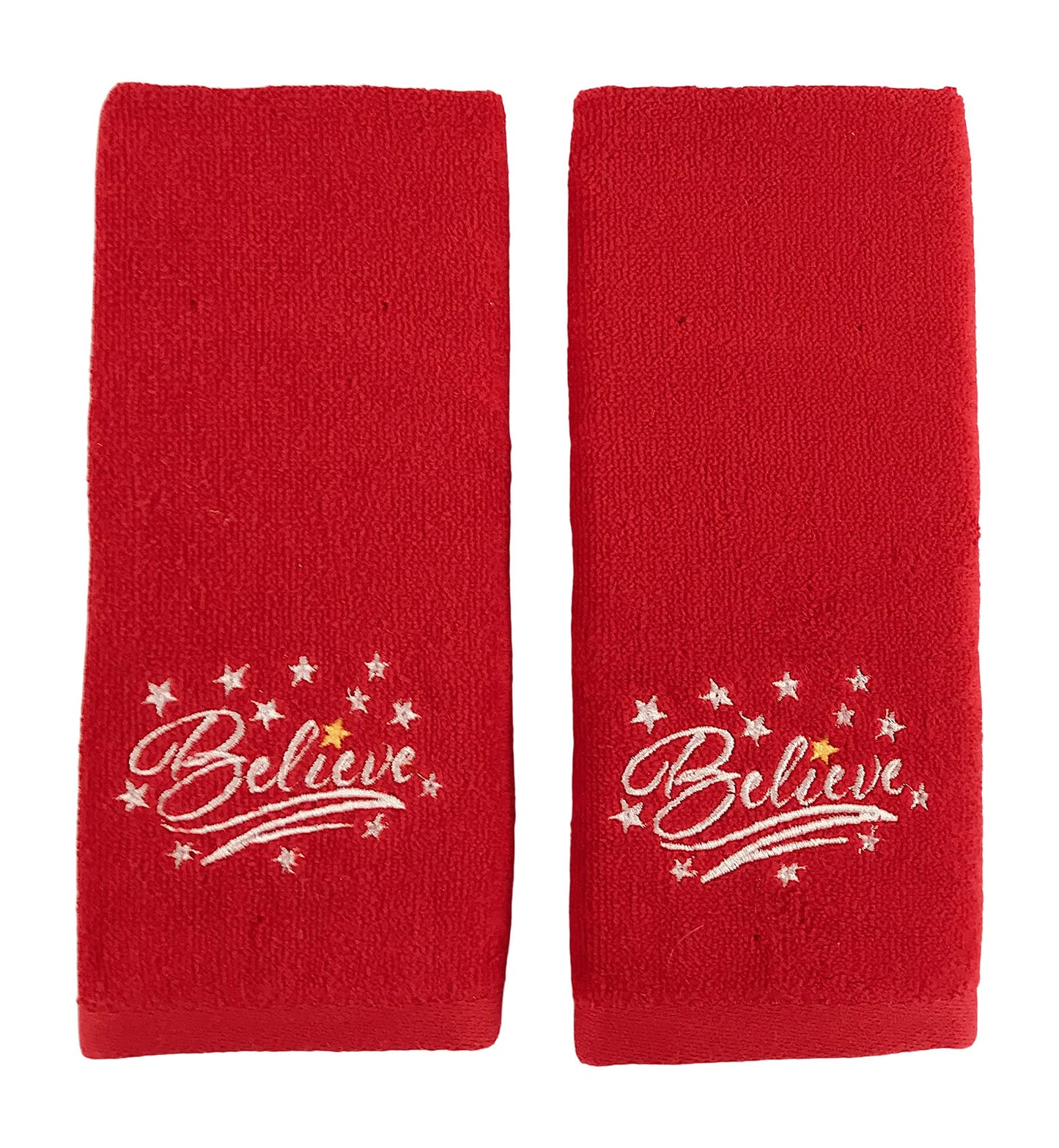 Decorative Christmas Theme Red Towel Set: Luxury Bathroom Fingertip Towels, Embroidered Believe Set of 2