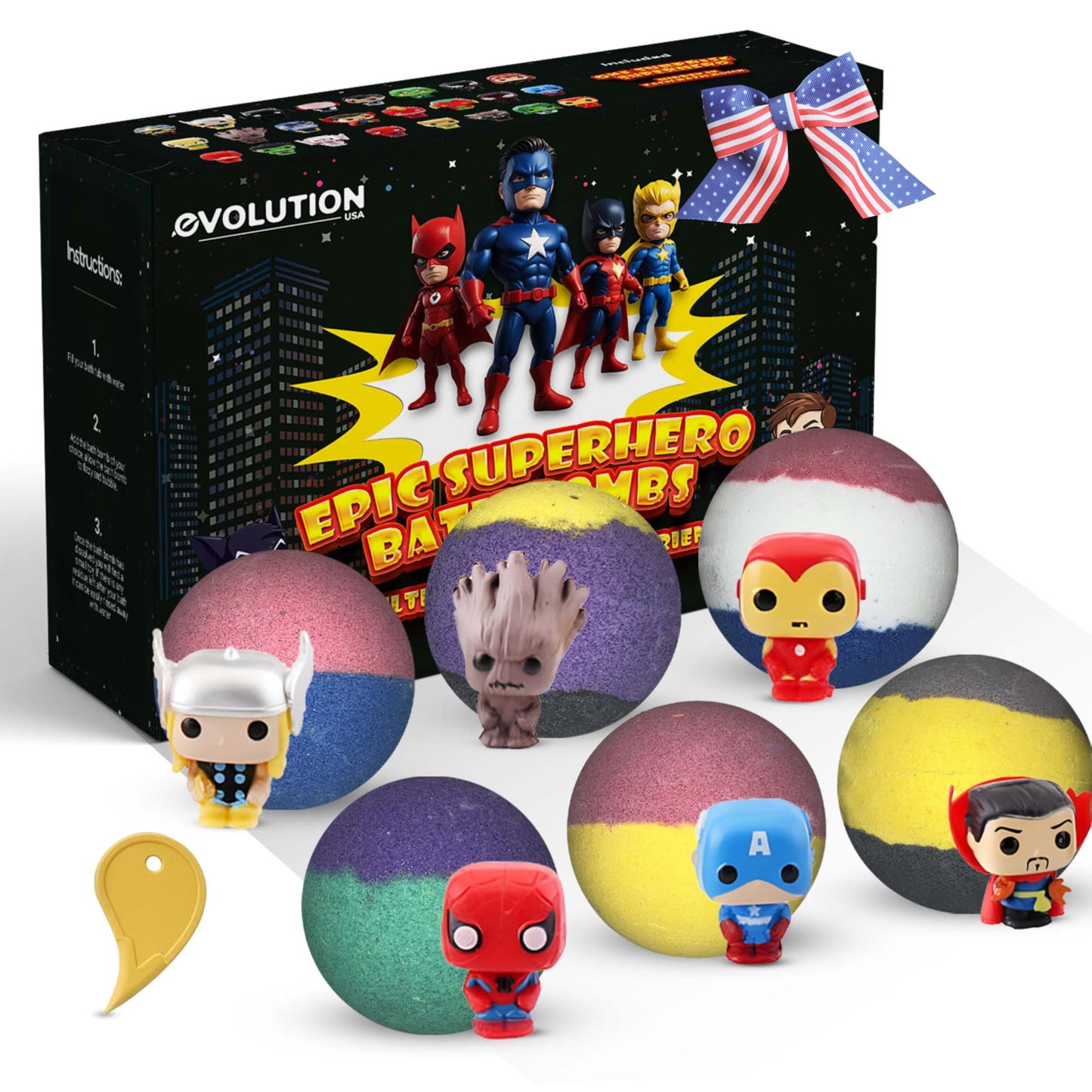 EvolutionUSA Black Epic Superhero Bath Bombs for Kids, 6 Super Hero Bath Bombs with Toy Inside, Lush Childrens Bathbombs, Organic Bathbomb with Surprise Inside, Fizzy Fun Superhero Bath Balls