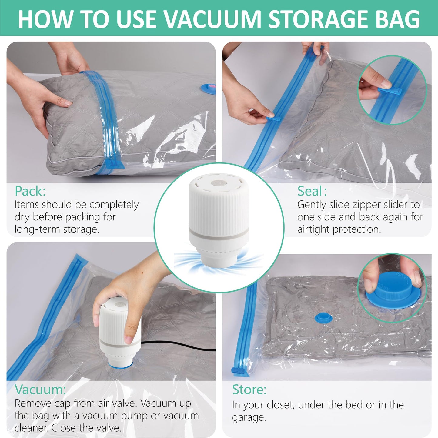 Cozy Essential 20 Pack Vacuum Storage Bags with Electric Pump, Vacuum Seal Space Saver Bags for Clothing, Pillows, Blanket, Bedding, Comforters